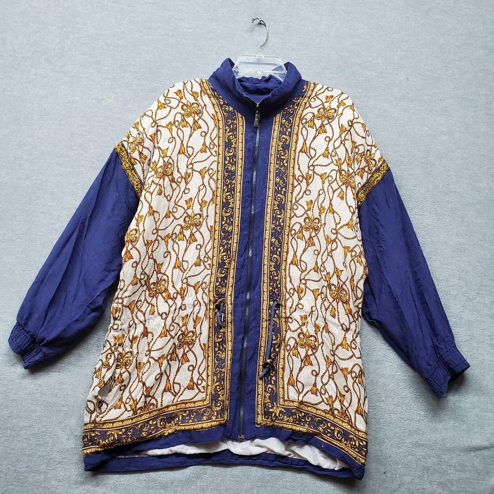 Indications Men Jacket Medium Blue Floral 100% Silk Graphic Cross Full Zip READ